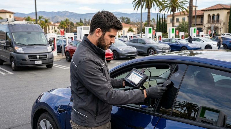Automotive locksmith programming car key with OBD-II tool in Mountain View California