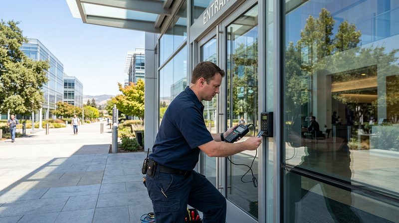Locksmith installing keycard access control on Silicon Valley office building entrance