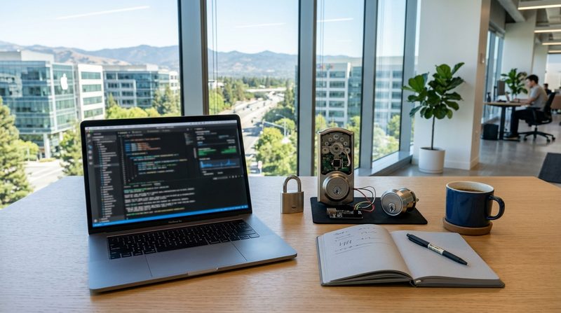 Editorial research desk with lock hardware samples and Mountain View area research