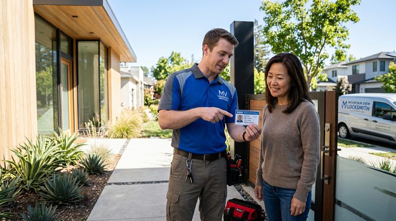 Locksmith showing BSIS license to Mountain View homeowner