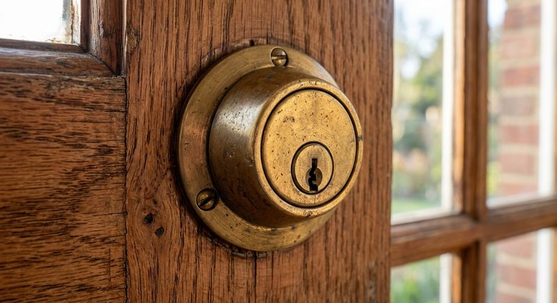Brass deadbolt cylinder on residential door in Mountain View