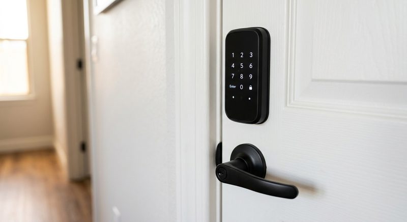 Smart lock keypad installed on residential door in Silicon Valley