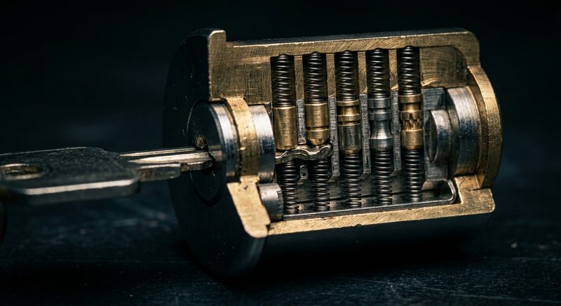 High-security lock cylinder close-up macro detail