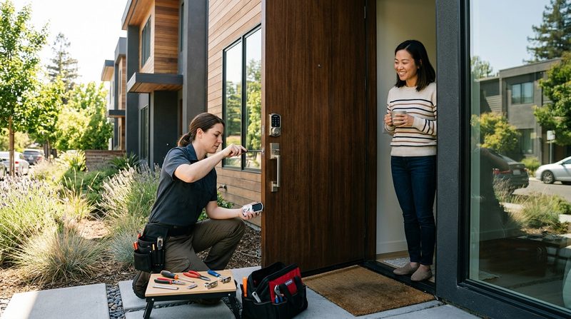 Locksmith installing smart lock at Mountain View residential door with homeowner watching